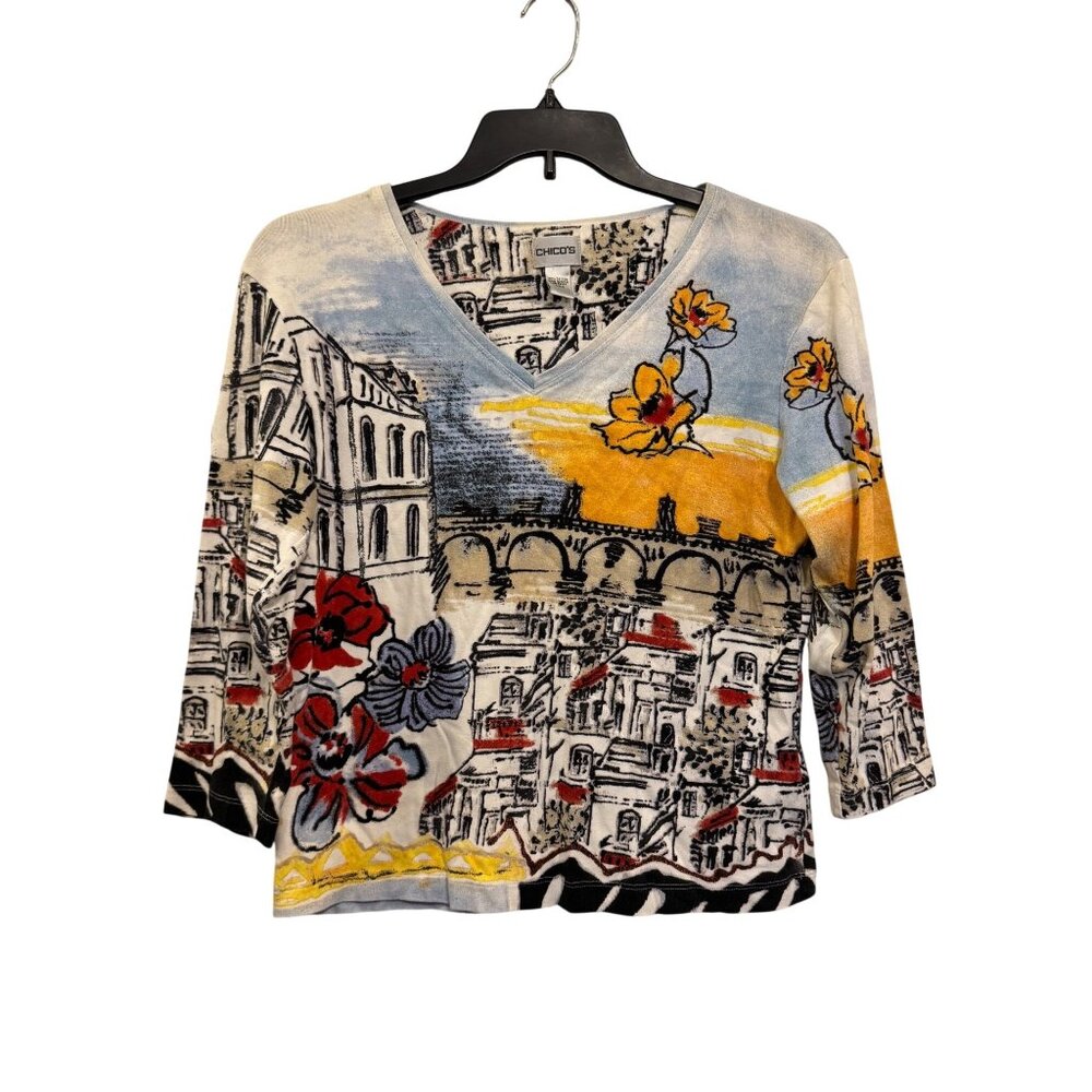 Chicos Multicolor Cityscape & Floral Print V-Neck Cotton 3/4 Sleeve Womens Top S